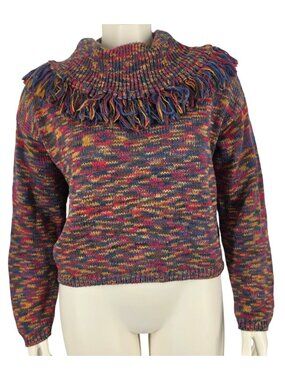 Vintage Women's Liz Wear Multicolor Fringed Loose Turtle Cowl Neck Sweater Large